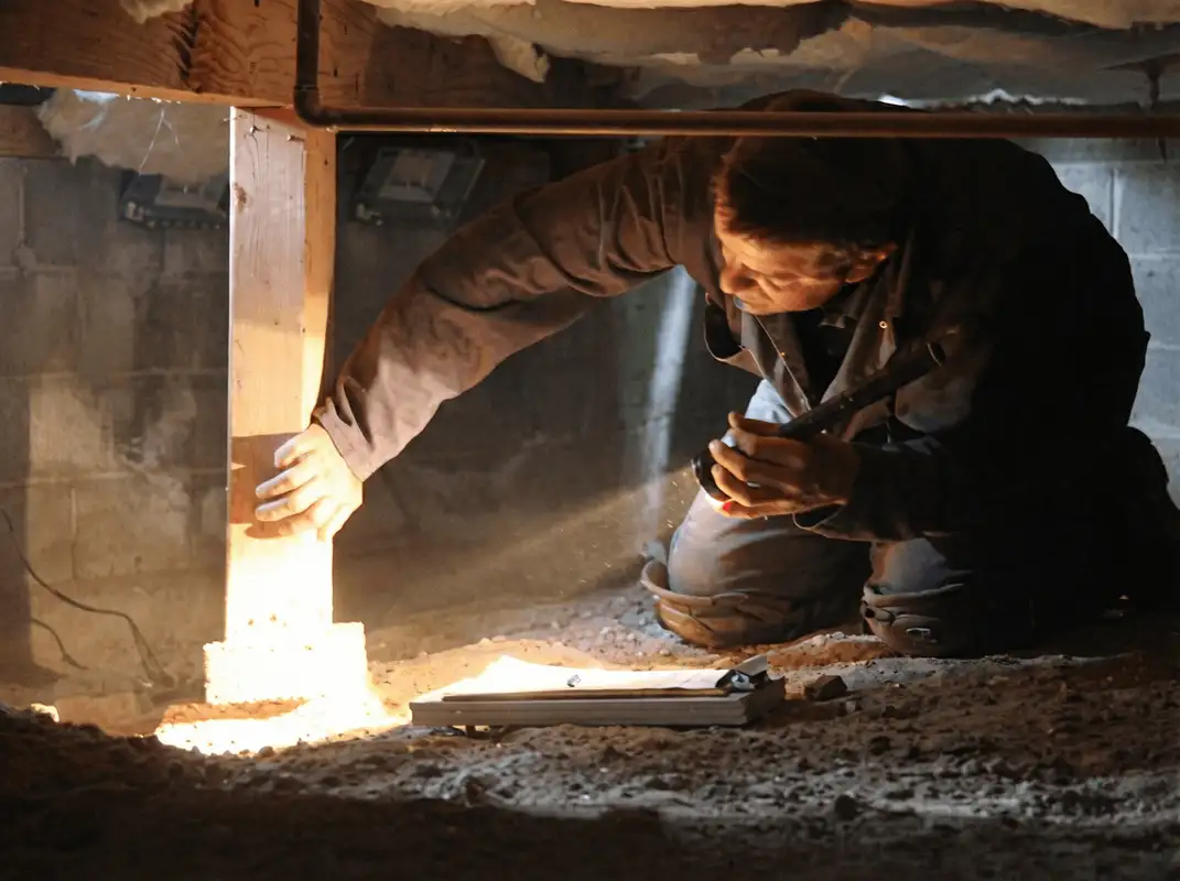 A professional inspecting wooden beams under the floor of a structure in Lowell, MA